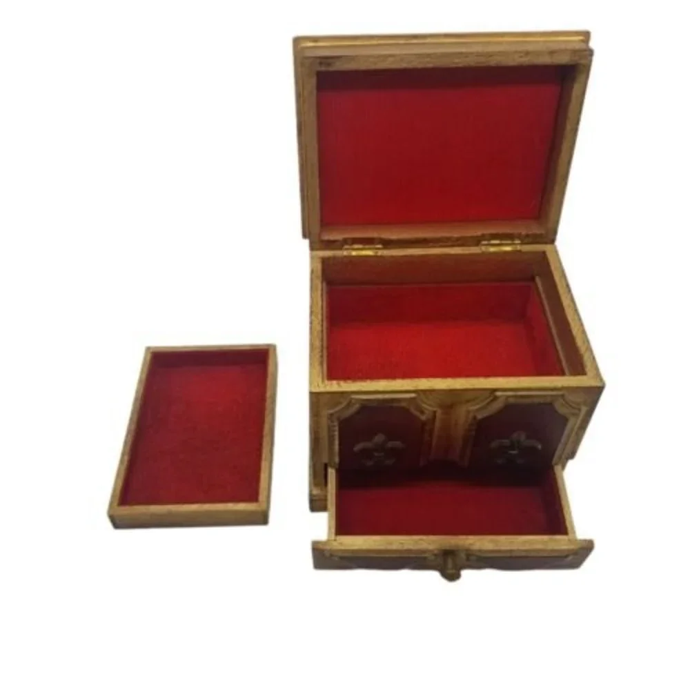 VTG Toyo Japan Wooden Jewelry Music Box Fleur de Lis 3 Drawer areas 7 X 7.5